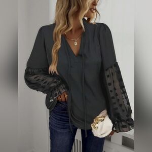 New Boho Flowy Peasant Tie Neck Swiss Dot Blouse Top Black